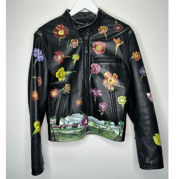 Libertine Hand-Painted Floral Skull Black Leather Moto Jacket M - Picture 1 of 16